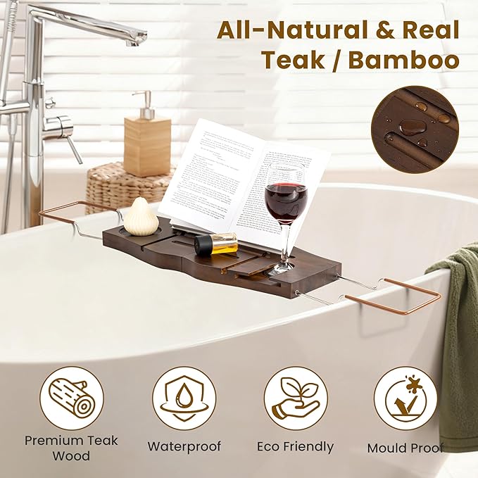 Teak Bathtub Tray Expandable Bathroom Tray for Home Spa Relaxation, Wooden Tray Caddy for Bathtub, Teak Bathtub Caddy as Unique Housewarming, Birthday, Wedding Shower Gifts. Dark Walnut - Bloomnest