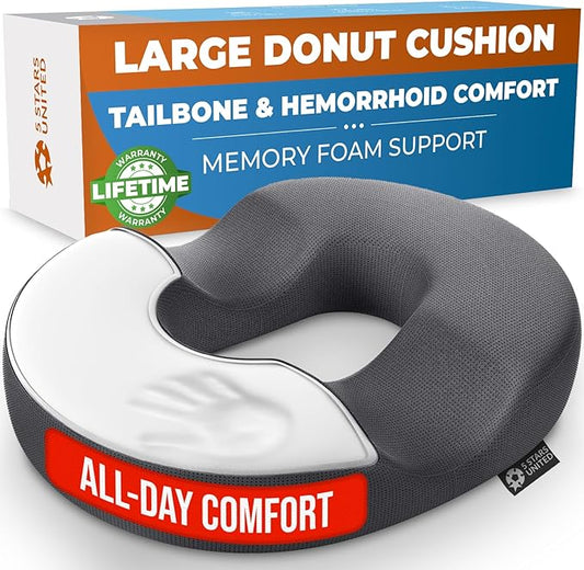 5 STARS UNITED Donut Pillow Hemorrhoid Tailbone Cushion – Large Cushion for Pain Relief – Coccyx, Prostate, Sciatica, Pelvic Floor, Pressure Sores, Pregnancy, Postpartum Recovery, Dark Gray - Bloomnest