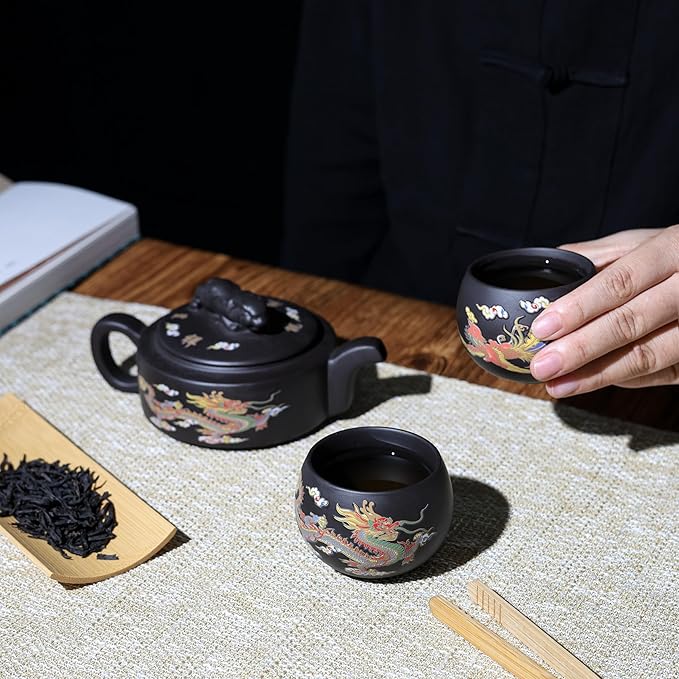 Hand-made Dragon and Phoenix Color-changing Purple Clay Teapot – Chinese Kung Fu Tea Set, Tea Lover’s Gift, Large Capacity (Teapot + 2 Cups - Gift Box Set) - Bloomnest