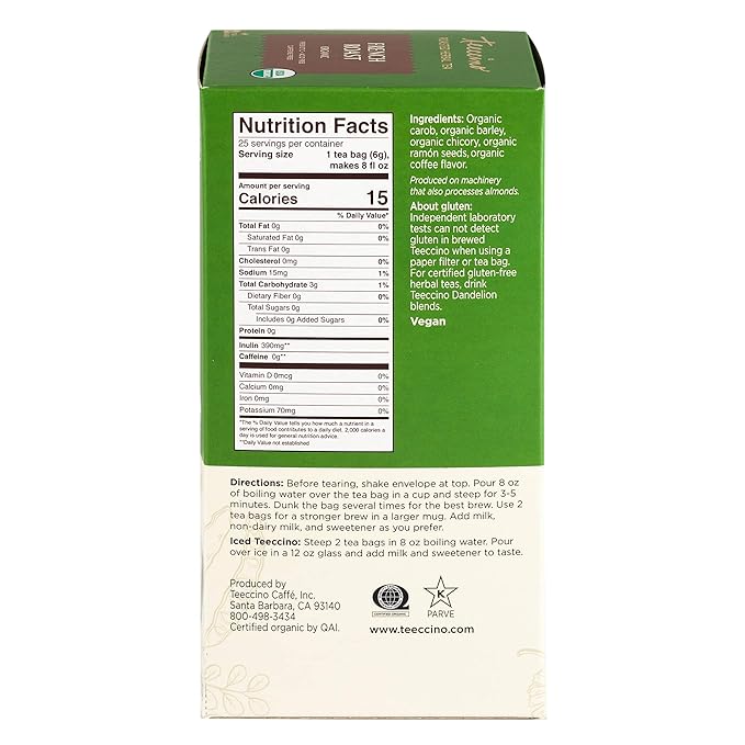 Teeccino French Roast Herbal Tea - Rich & Roasted Herbal Tea That’s Caffeine Free & Prebiotic for Natural Energy, Coffee Alternative, 25 Tea Bags (Pack of 3) - Bloomnest