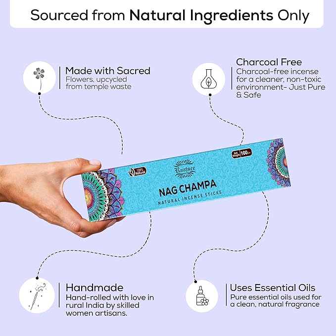 Raajsee Nag Champa Incense Sticks (180 gm), 100% Pure Organic Natural Hand Rolled Free from Chemicals - Nag Champa Incense is Perfect for Aromatherapy, Cleansing, Meditation (Pack of 12) - Bloomnest