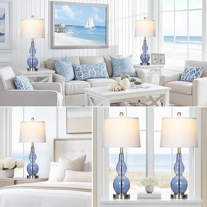 27.5" Coastal Blue Glass Double Gourd Table Lamp Set of 2,3-Way Dimmable Touch Control Bedside Lamps with USB Ports and AC Outlet, Nautical Nightstand Lamps for Bedroom Living Room - Bloomnest