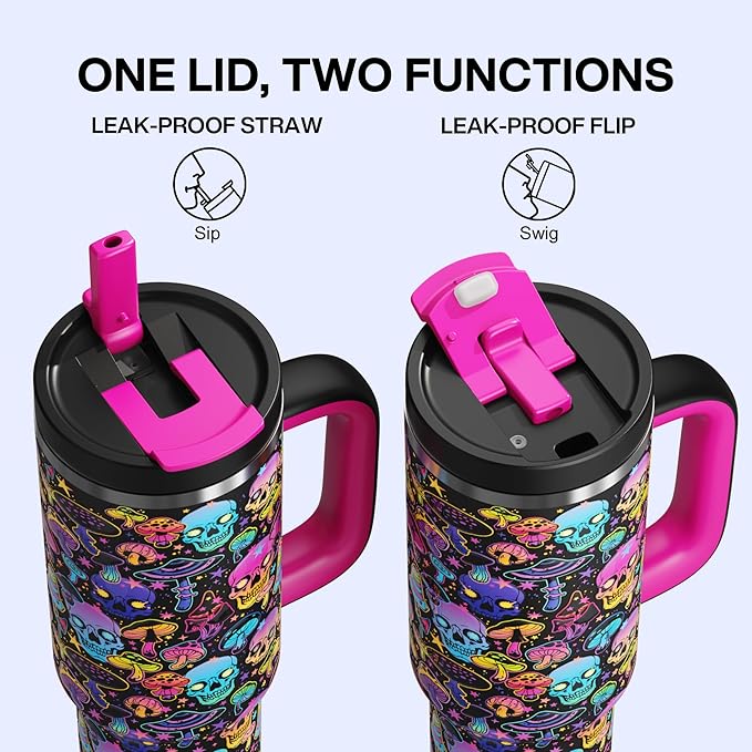 ENCOOL 40 oz Tumbler with Handle and Straw: Stainless Steel Insulated Tumbler Keeps Cold for 24 Hours, Leakproof Travel Cup Fits in Cup Holder and BPA-Free, Trippy Skulls ENCOOL