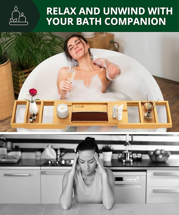 ROYAL CRAFT WOOD Bathtub Tray Caddy for Tub, Bamboo Bath Shelf, Premium Foldable Wood Bath Table, Expandable Bathtub & Bathroom Accessories, New Home Gifts for Mom, Housewarming, Anniversary, Wedding - Bloomnest