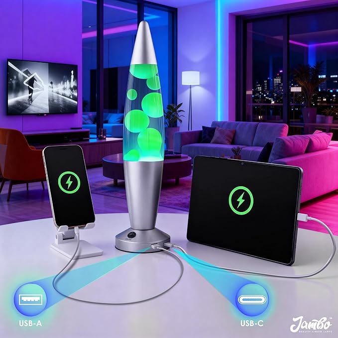 JAMBO Beautiful Liquid Lamp with USB Ports, 16" Motion Light with Blue Liquid Yellow Wax, Relaxing Nightlight, Mood Light for Bedroom, Living Room, Office - Adults, Teens, Kids - Bloomnest