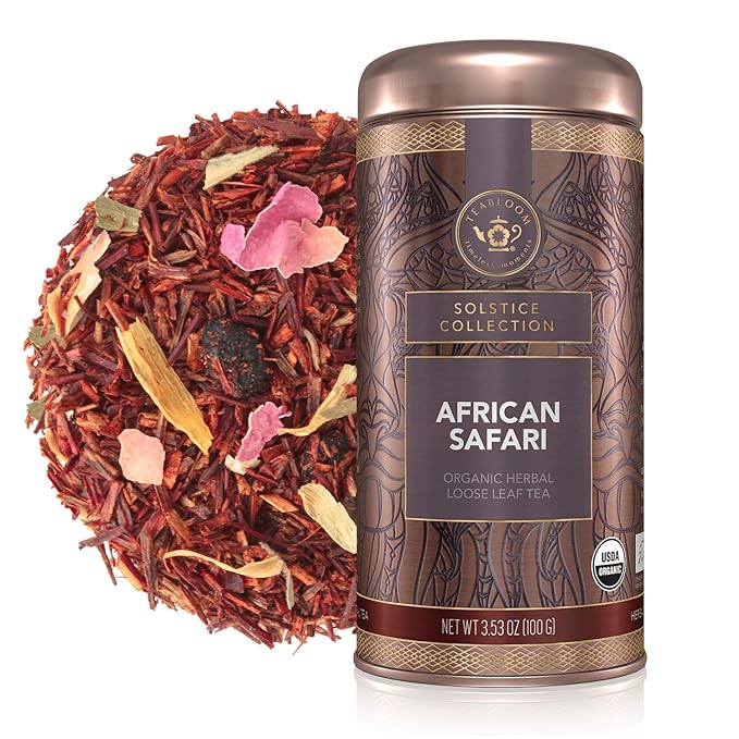 Teabloom Organic Herbal Tea, African Safari Loose Leaf Tea, Sweet Rooibos Blend with Berry Flavors and Vanilla, USDA Certified Organic, Fresh Whole Leaf Blend in Reusable Gift Canister, 3.53 oz/100 g Canister Makes 35-50 Cups - Bloomnest