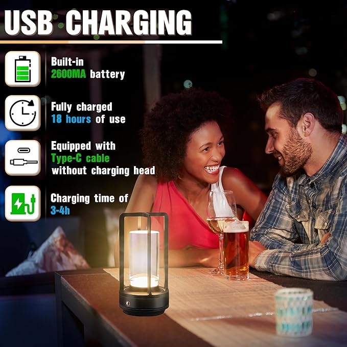Portable Metal Table Lamp,Cordless Table Lamp, Rechargeable Battery Operated Lights, LED Table Lamps, 3 Color Stepless Dimming Touch, for Bedroom Restaurant Home Outdoor (Black) - Bloomnest
