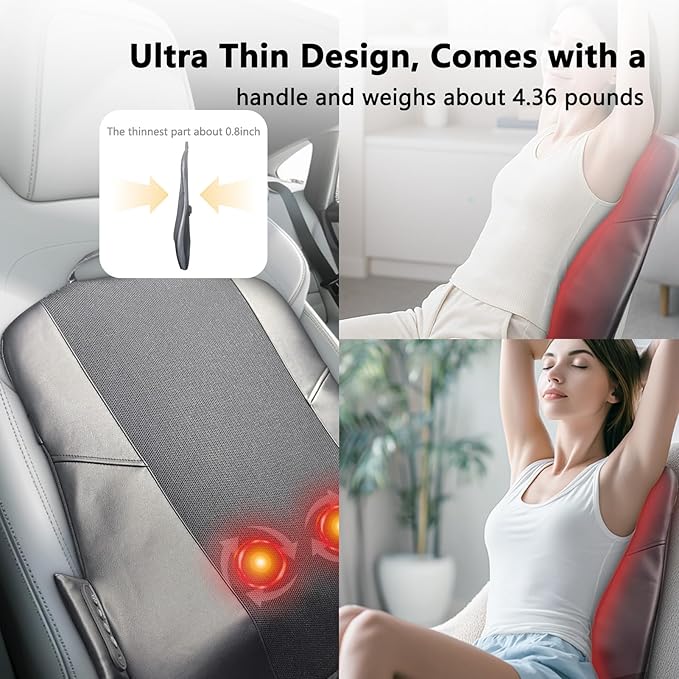 Back Massager for Pain Relief Deep Tissue, Ultrathin Rolling Up and Down Full Back Massage with Heat, 4D Shiatsu Kneading, Shoulder Massager, Extended Widened Design for Home, Office, Car Use, Grey - Bloomnest