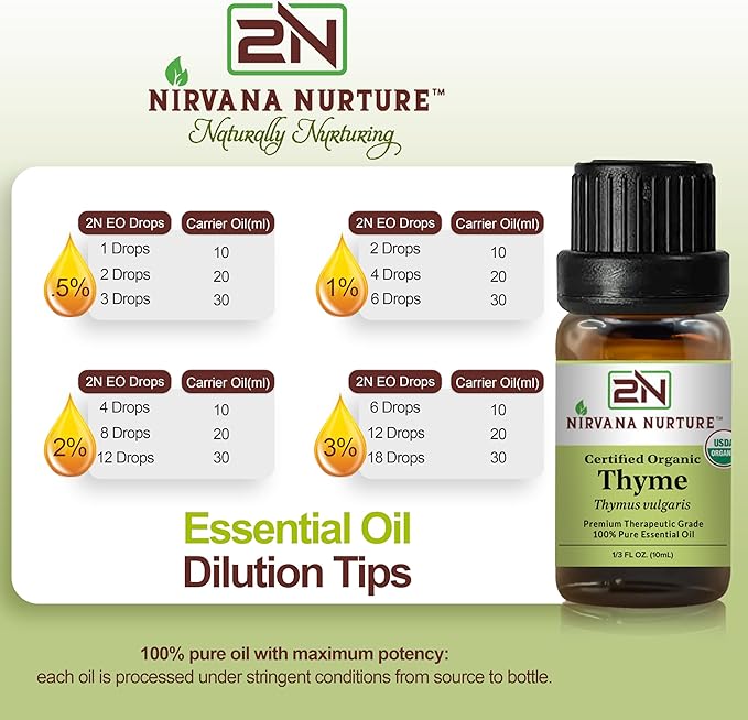 Thyme Essential Oil, USDA Certified Organic, 100% Pure Undiluted, Aromatherapy Oil for Diffuser, Hair & Skin Care NirvanaNurture