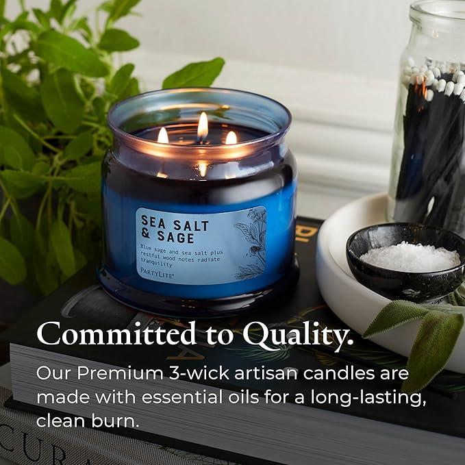 PartyLite Sea Salt & Sage Scented, Notes of Salted Air, Sea-Soaked Sage, Driftwood, Coconut and Sandalwood, 13.2oz 3-Wick Jar Candle, 45 Hour Burn Time, Luxurious Fragrance, Perfect for Gifting - Bloomnest