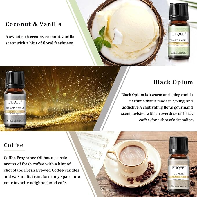 EUQEE 6PCS Coffee Fragrance Oil Set(10ml), Premium Fragrance Essential Oils Set for Candle Making, Diffuser-Coffee, Chocolate, Cake, Coconut Cream, Coconut & Vanilla EUQEE