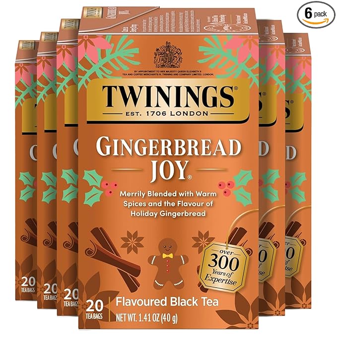 Twinings Gingerbread Joy Black Tea Individually Wrapped Bags, 20 Count (Pack of 6), Ginger & Cinnamon, Caffeinated, Enjoy Hot or Iced, 120 Teabags - Bloomnest