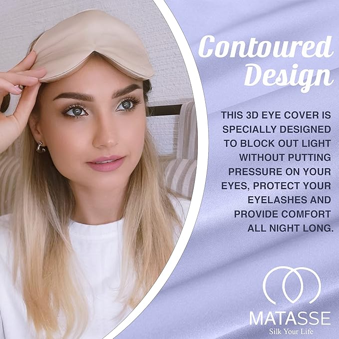 MATASSE Silk Eye Mask for Sleeping with Adjustable Elastic Band - 3D Contoured, Eye Cover Sleep Mask w/Genuine Mulberry Silk Including The Strap for Women, Men (Champagne)