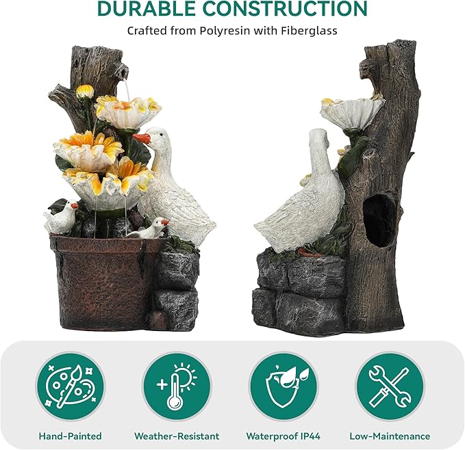 19.1" H Farmhouse Duck Garden Water Fountain with Sunflower, Indoor/Outdoor Freestanding, Soothing Cascading Waterfall with LED Lights, Decorative Water Feature for Patio, Yard, and Garden - Bloomnest
