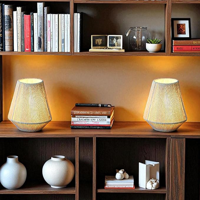 JHY DESIGN Set of 2 Woven Lampshade Table Lamps 8" H Cotton Rope Bedside Light‌s Cordless Decorative Battery Operated Lamps with 6 Hours Timer for Bedroom Living Room Home Parties Patio Events - Bloomnest