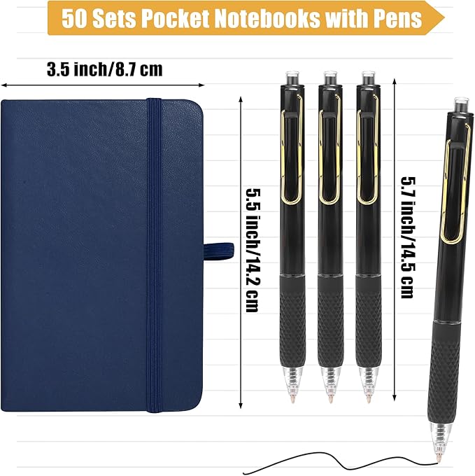 Aodaer 50 Sets Pocket Notebook Journal with Pens, 160 Pages, 3.5 x 5.5 Inch Mini Lined Journal Notebook A6 Leather Hardcover College Ruled Notepad with Pen Holder for School Office Gifts, Navy Blue - Bloomnest