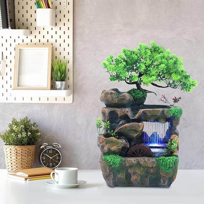 Resin Rockery, Waterfall Fountain Tabletop Ornament with LED, Rockery Tabletop Fountains Desktop Fountain Waterfall Fish Pond, Artificial Trees, Mini Decor for Indoor Home Office Bedroom - Bloomnest
