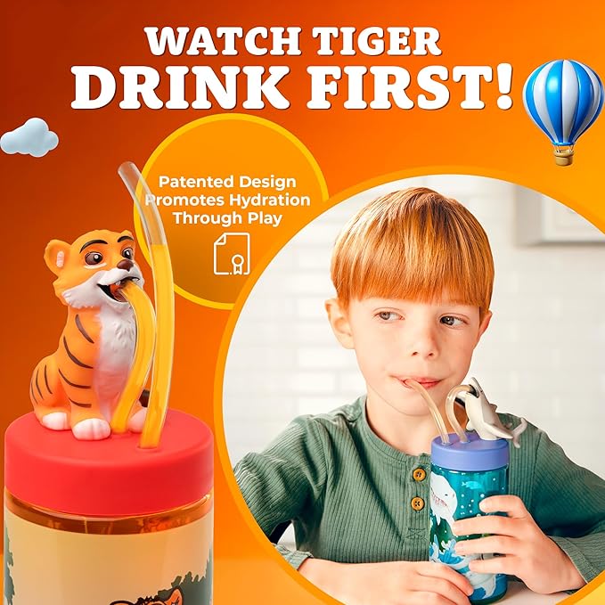 Kids Water Bottle, Toddler Cups, Tumbler with Lid and Straw, Travel Sippy Cup for Water or Milk, Kids Cups with Lids for Toddlers 3 and Up, BPA Free Plastic, 12 oz (Zoo Bengal Tiger) - Bloomnest