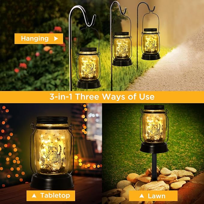 Cat Gifts Cat Solar Lanterns Cat Solar Lights Outdoor Cat Lover Gifts for Women Men Cat Lovers Gifts Hanging Cat Lanterns with Stake for Yard Lawn Garden Decor Waterproof Cat Butterfly Lantern Torches - Bloomnest