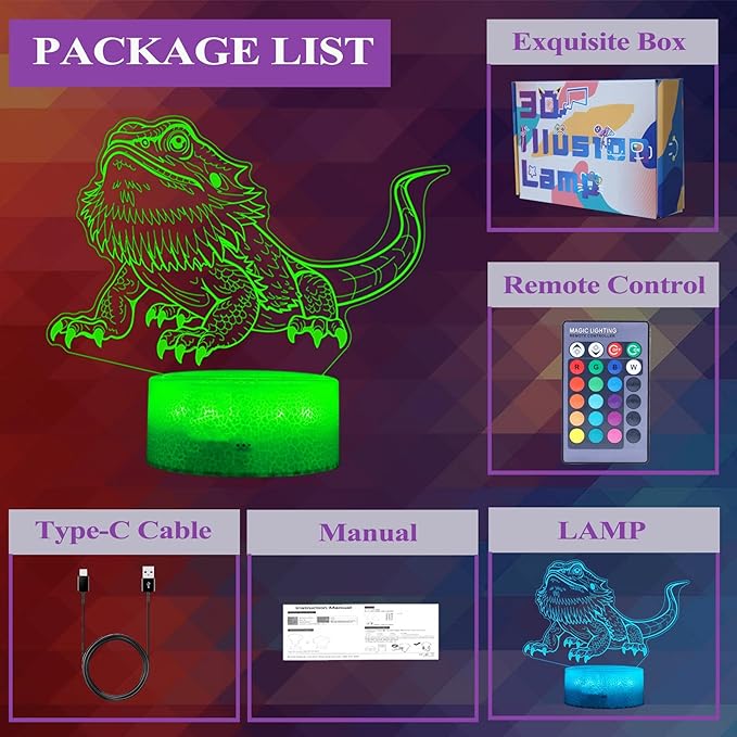 Bearded Dragon Gift, Bearded Dragons Night Light with Remote Control, 16 Colors Changing, RGB Flashing Mode, Dimmable, Great Bearded Dragon Tank Accessory and Decor - Bloomnest