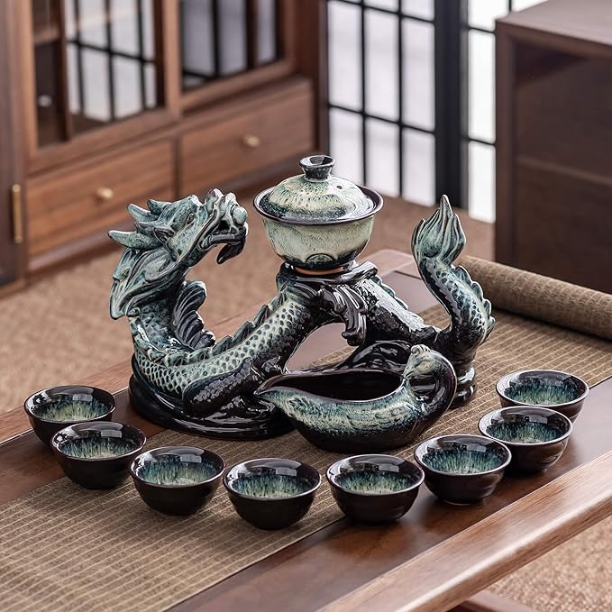 Ceramic Teapot with Infuser Semi Automatic Tea Set Magic Teapot with 8 cups Gradient Color (Gradient Dragon- A) - Bloomnest