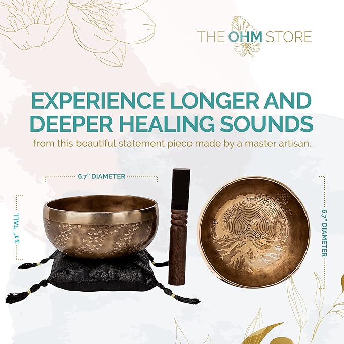 Ancient Design Large Tibetan Singing Bowl Set by Ohm Store — Relaxing Meditation Sound Bowl and Wooden Mallet Handcrafted in Nepal — Tree of Life Singing Bowl 6.7 Inch - Bloomnest