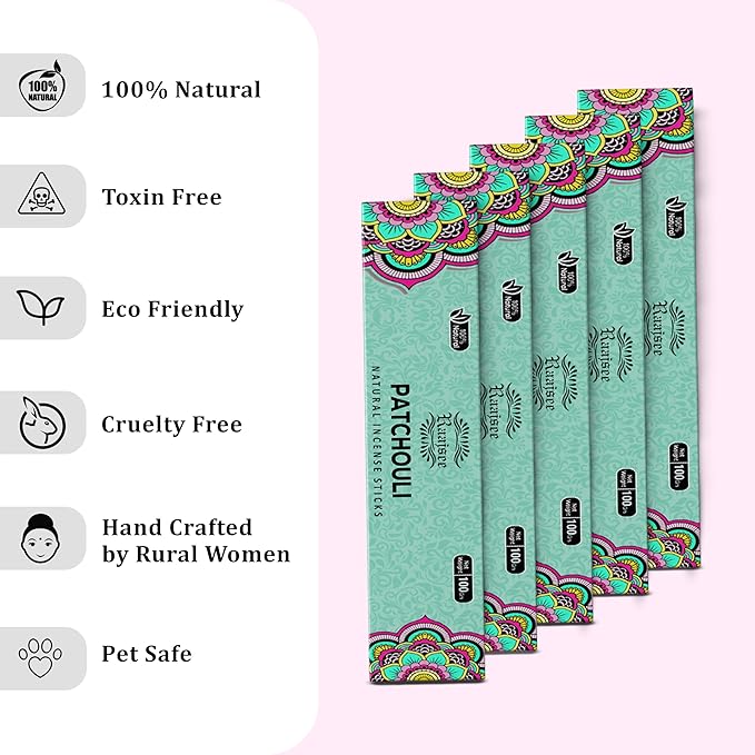 Raajsee Patchouli Incense Sticks (180 gm), 100% Pure Organic Natural Hand Rolled Free from Chemicals - Patchouli Incense Perfect for Aromatherapy, Cleansing, Meditation, and Church(Pack of 12) - Bloomnest