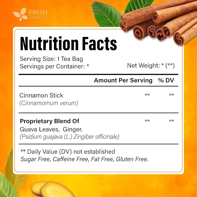 FreshDrinkUS, Premium Guava Vitality Tea | 75 Tea Bags | Guava Leaves, Cinnamon Stick & Ginger Herbal Tea – Caffeine Free Botanical Infusion – Warm & Aromatic Daily Tea – 100% Natural Ingredients - Bloomnest