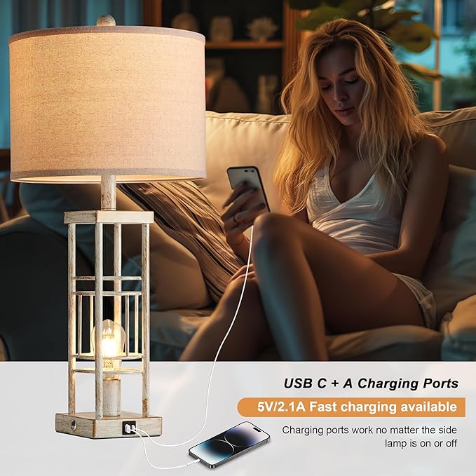 Table Lamp for Living Room Set of 2 with USB C+A & Bulbs, 3-Way Dimmable 27.6" Farmhouse End Lamps, Rustic Bedside Lamp for End Tables, Industrial Nightstand Lamps for Bedroom - Bloomnest
