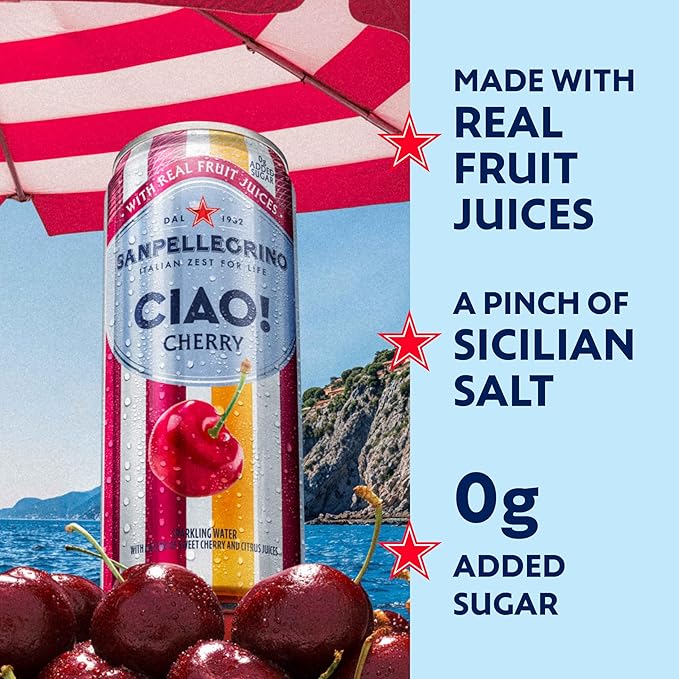Sanpellegrino CIAO Cherry Sparkling Water, Low-Calorie Italian Sparkling Water with Real Fruit Juices, 0g Added Sugar, 24-Pack - Bloomnest