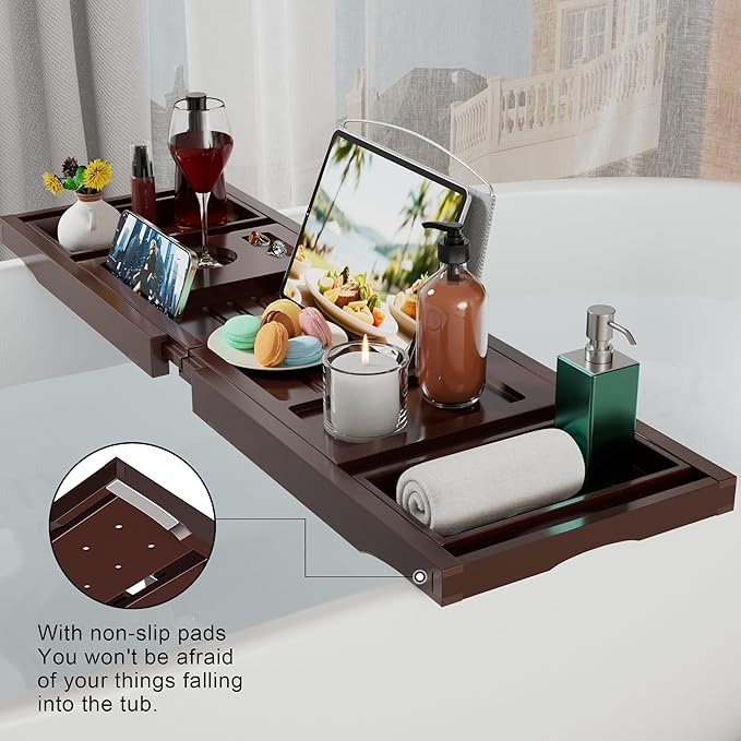 Bathtub Caddy Tray for Tub,Foldable Bath Table Trays,Bamboo Shelf with Book and Wine Glass Holder,Bathroom Accessories Suitable for Luxury Spa or Reading,Brown - Bloomnest