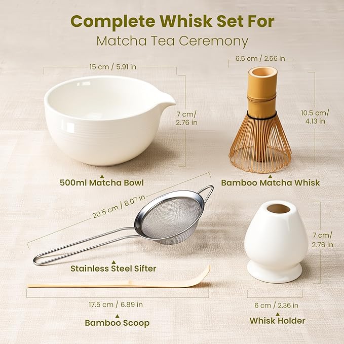 Matcha Whisk Set, Handcrafted Bamboo Chasen & Ceramic Bowl Matcha Kit, Complete 5 Pcs Matcha Set Whisk and Bowl W/Stainless Steel Sifter, Bamboo Scoop & Holder for Matcha Tea Ceremony (White) - Bloomnest