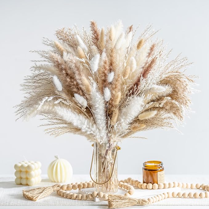 130PCS Natural Dried Pampas Grass Boho Home Decor Bouquet Phragmites Dried Flowers Bouquet for Wedding Floral Arrangements Home Decorations (130PCS) - Bloomnest