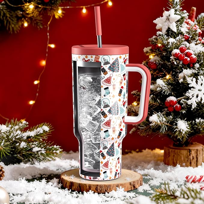 Meoky 40 oz Christmas Tumbler with Handle and Straw, Xmas Tumbler with Lid and Straw, Insulated Stainless Steel Travel Mug, Christmas Gifts for Women Men Adults (Snowy Fir) - Bloomnest