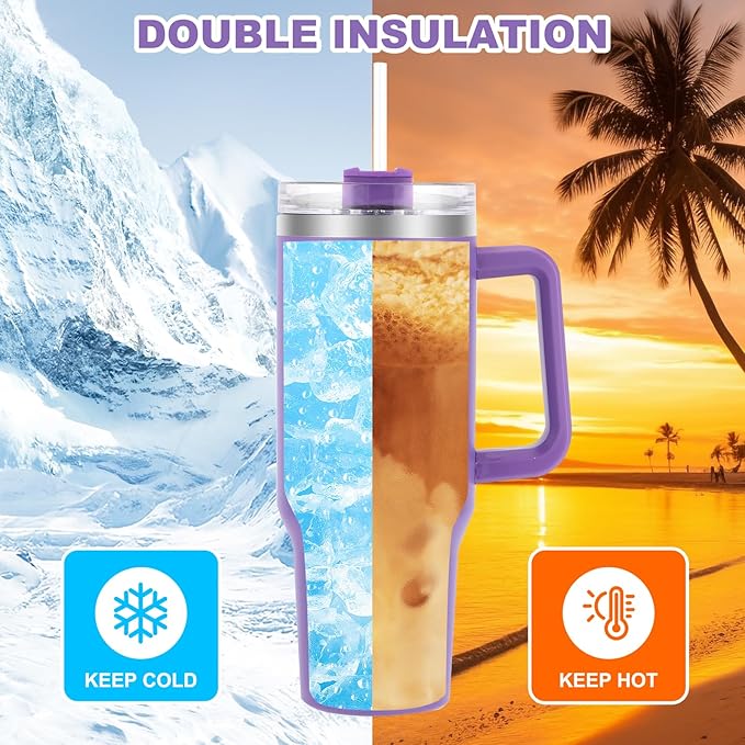 40 oz Tumbler with Handle and Flip Straw Lid, Vacuum Insulated Leak Proof Double Walled Stainless Steel Travel Mug Tumblers, Maintains Cold Ice and Heat for Hours(Dark Purple) - Bloomnest