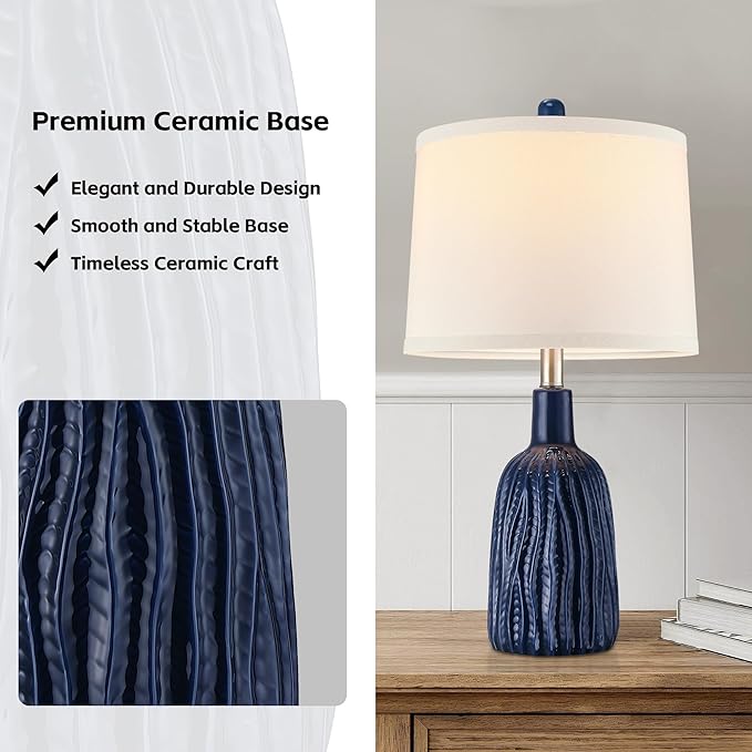 GRUENLICH Ceramic Table Lamp Set of 2 for Nightstand, 22.5" Modern Blue Bedside Lamp with 3 Adjustable Color Temperature, Bedroom Light for Living Room Desk End Table Office (2 LED Bulbs Included) - Bloomnest