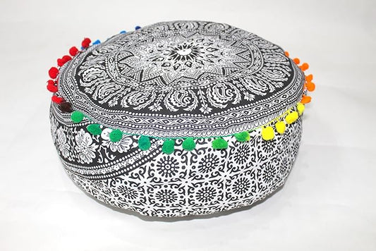 INDIAN CRAFT CASTLE ICC Black Elephant Mandala Barmeri Large Floor Pillow Cover Cushion Meditation Seating Ottoman Throw Cover Hippie Decorative Zipped Bohemian Pouf Ottoman Cases 16" Round - Bloomnest