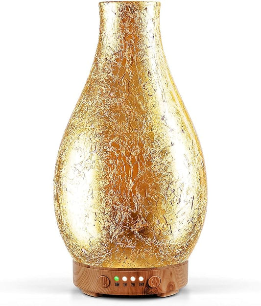 Porseme 100ml Gold-Plated Volcano Essential Oil Diffuser 3D Glass - Elegant and Effective Aromatherapy with 7 Color Changing LEDs and Waterless Auto-Off, BPA Free for Home Yoga Leisure SPA Gift Porseme