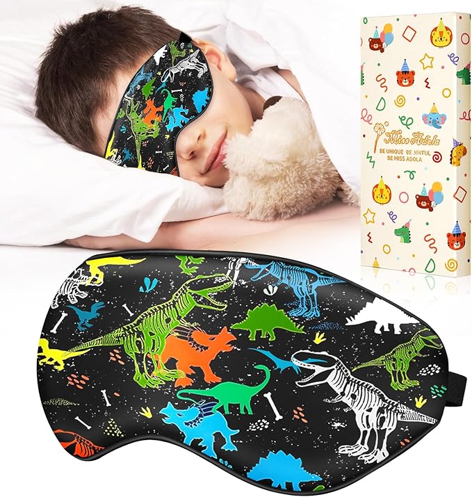 Sleep Mask for Kids - Silk Eye Mask for Sleeping Cute Cartoon Kids Sleep Mask for Boys Girls Teens Soft Smooth Adjustable Straps Silk Kids Eye Cover, Black Dinosaur - Bloomnest