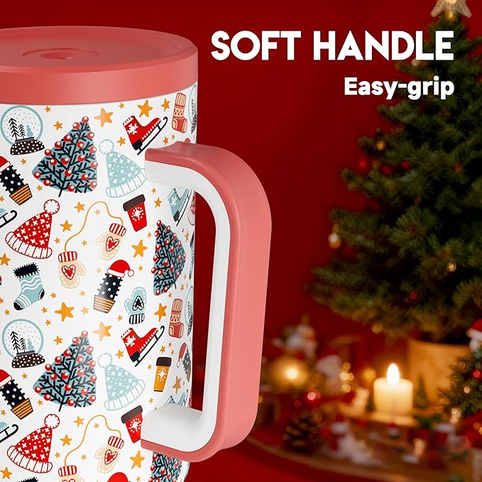 Meoky 40 oz Christmas Tumbler with Handle and Straw, Xmas Tumbler with Lid and Straw, Insulated Stainless Steel Travel Mug, Christmas Gifts for Women Men Adults (Snowy Fir) - Bloomnest