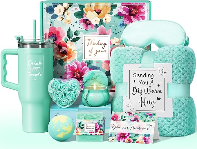 Birthday Gifts for Women Self Care Get Well Soon Gifts, Ocean Relaxing Spa Gift Box Care Package Basket w/ Luxury Flannel Blanket 40 oz Tumbler, Valentines Day Gift for Mom Her Wife Girlfriend Sister
