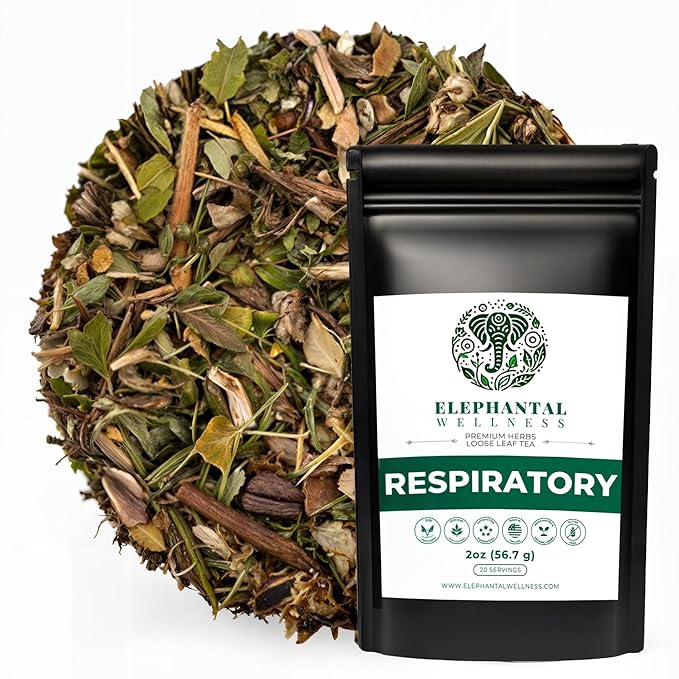 Elephantal Wellness Premium Respiratory Herbal Tea | Lung Detox, Mucus Cleanse & Breathing Support with Mullein, Eucalyptus, Thyme & Lungwort | Handmade, Caffeine-Free, Non-GMO Loose Leaf Blend, 2oz, 20 Servings - Bloomnest