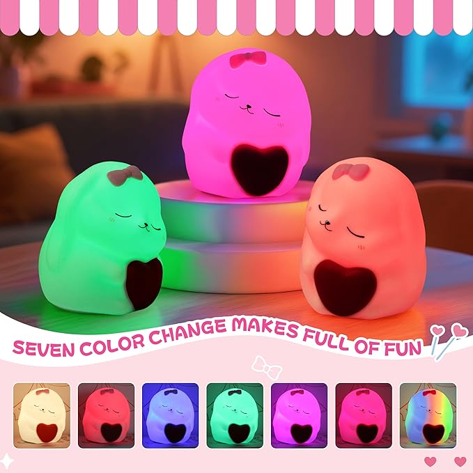 Night Light for Kids, Rechargeable Dimmable Silicone LED Nightlight with 7 Colors, Baby Nursery Night Lamp, Touch Squishy Lamp, Cute Gifts for Girls, Boys, Toddler Room Decor, Rabbit - Bloomnest
