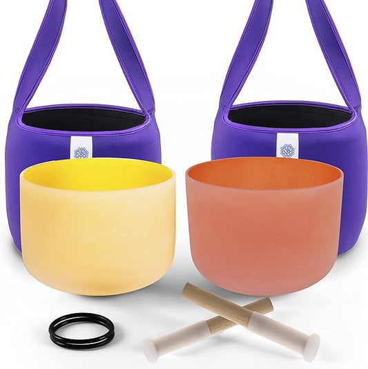 FMTY 10inch Crystal Singing Bowls set Orange(Sacral)+ Yellow(Solar Plexus) with Soft Carrying Bag Sound Bowls for Mindfulness, Meditation, Yoga, Spiritual and Body Healing and Energy Cleansing - Bloomnest
