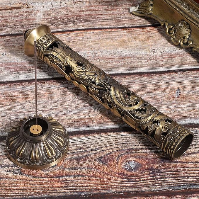 GOTOTOP Incense Stick, Portable Incense Tower Holder Bronze Tone Dragon Phoenix Relief Craft Ornaments Tea Room Decoration Vertical Stick Incense Holder for Home Decor Birthday