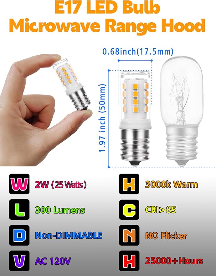 E17 LED Appliance Bulb 25W Equivalent, 2W 300LM 2700K Warm White, 120V Non-Dimmable E17 Intermediate Base T7 Microwave Oven Bulbs Replacement for Range Hood, Stove Top, Refrigerator, Chandelier, 4Pack - Bloomnest