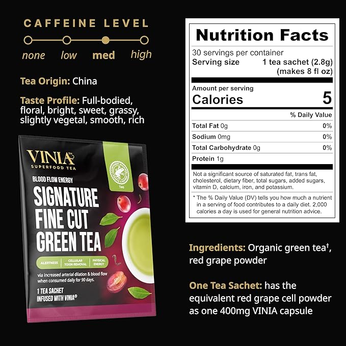 VINIA Signature Green Tea Bags, Made with Organic Green Tea, Infused with Piceid Resveratrol for Heart Health, Nitric Oxide, Physical Energy, Alertness, Blood Flow, Keto, Kosher, NON-GMO. 30 Ct - Bloomnest