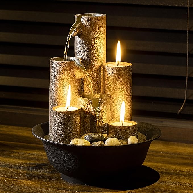 Alpine Corporation WCT202 Indoor Tabletop Tiered Water Fountain Featuring 3 Candles for Desktop and Table, 11", Brown - Bloomnest