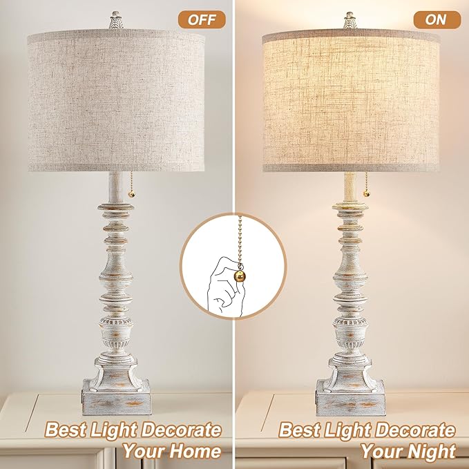 Set of 2 Farmhouse Table Lamps for Living Room, 29.5" Inch Tall Rustic Bedrooms Nightstand Table Lamp with USB-C & USB-A Charging + AC Outlet, Pull Chain Bedside Lamp for End Table, Antique White - Bloomnest