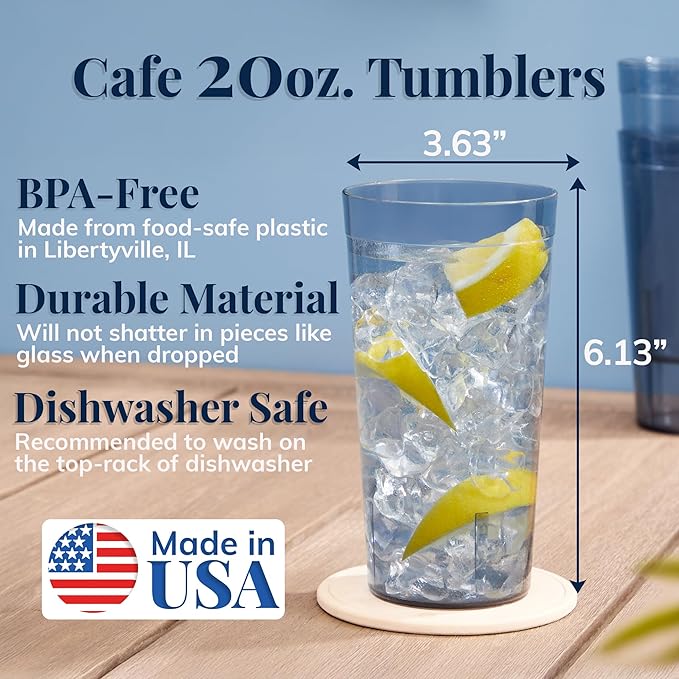 US Acrylic Cafe Plastic Reusable Tumblers (Set of 16) 20-ounce Water Cups in Grey | Value Set of Restaurant Style Drinking Glasses, Stackable, BPA-free, Made in the USA | Top-rack Dishwasher Safe - Bloomnest